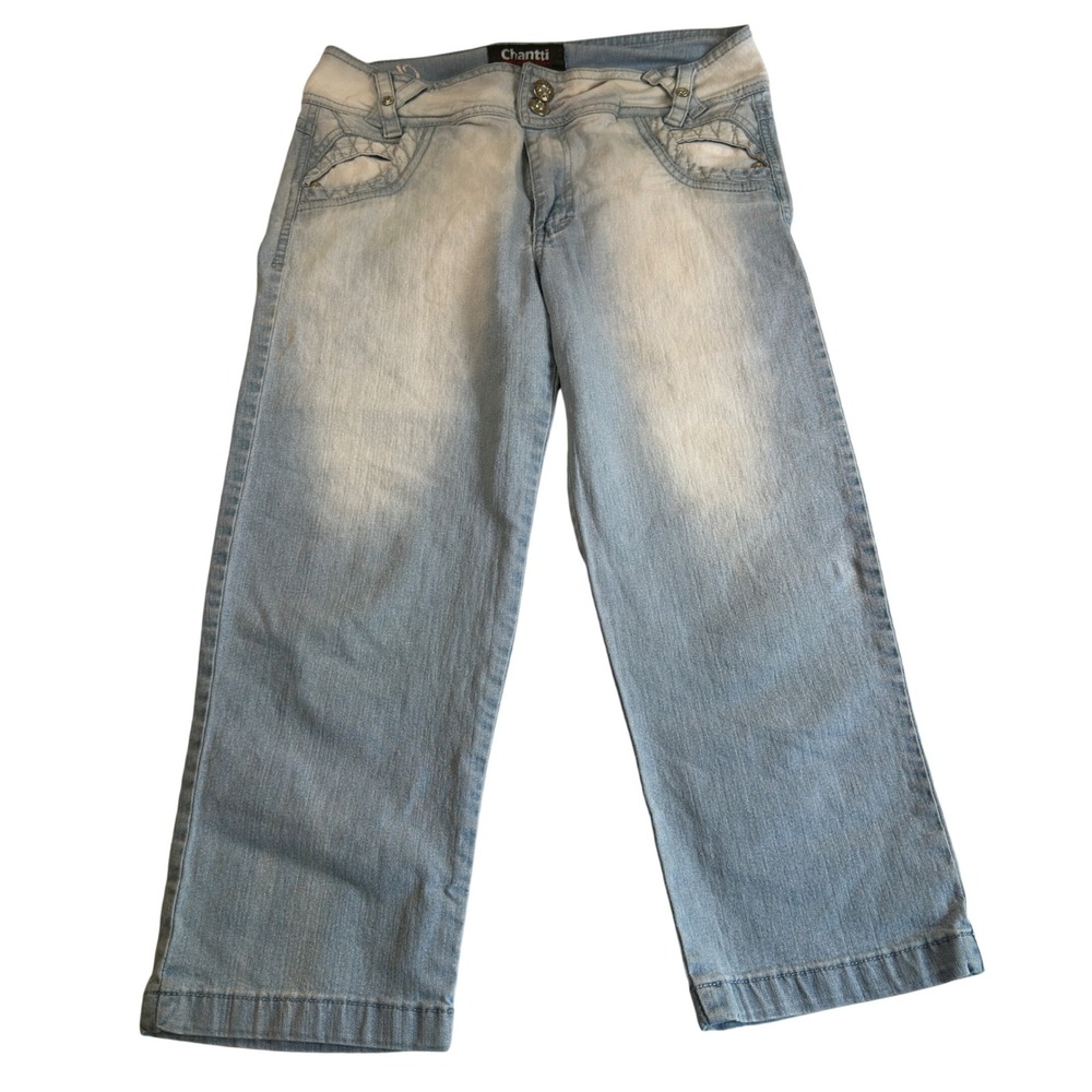 Y2K Wide‎ Leg Capri Jeans Light Wash Blue Colombian Denim Decorative HW Size 12